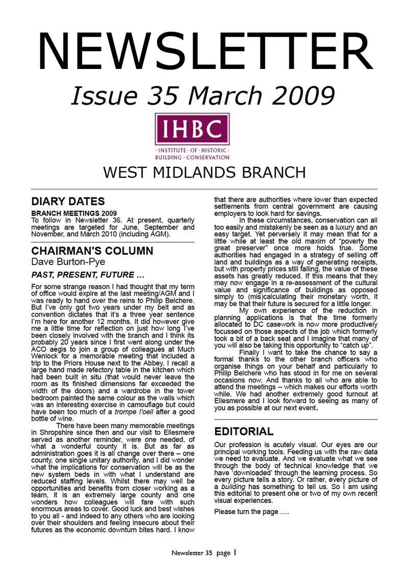 IHBC West Midlands Branch Newsletter No. 35 March 2009 - page one - This is a graphical representation, for PDF download visit http://www.ihbc.org.uk/branches_west_mids.htm
